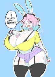 1boy anthro anthro_only big_breasts blue_background breasts bulge bunny_ears busty_boy fangs holding_object_between_breasts jaynator1 jaynatorburudragon male male_only male_with_breasts peanut_butter_(theycallhimcake) pink_hair solo thick_thighs wide_hips