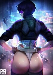 1girls absurdres ass ass_focus back blurry blurry_background breasts city_lights commentary cyborg female from_behind ghost_in_the_shell hands_on_own_hips highleg highleg_leotard highres jacket kusanagi_motoko large_breasts leotard light-skinned_female light_skin looking_back neon_lights night outdoors purple-tinted_eyewear purple_hair short_hair short_sleeves solo standing sunglasses thong tinted_eyewear xuuikie xuuikie_ashe