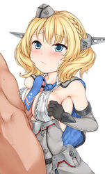 1boy black_gloves blonde_hair blue_eyes blue_neckwear blush breasts colorado_(kantai_collection) dress elbow_gloves female garrison_cap gloves grey_capelet grey_dress grey_gloves grey_headwear hat haty headgear kantai_collection medium_breasts necktie outercourse paizuri paizuri_under_clothes penis pleated_dress shirt short_hair side_braids sideboob sleeveless solo_focus straight white_shirt