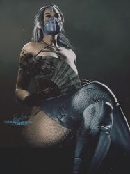 1girls 3d_(artwork) asian asian_female ass bare_shoulders begitsu black_hair blue_gloves boots breasts covered_nipples crossed_legs edenian fan glasses gloves gray_background grey_background halterneck kitana kitana_(new_era) long_boots long_hair masked masked_female mortal_kombat mortal_kombat_1_(2023) nails painted_nails patreon patreon_username princess royalty sitting tattoo tattoo_on_arm thick_thighs tiara wide_hips