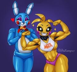 abs bib biceps bikini_bottom black_sclera bow bow_tie bowtie breasts buckteeth bunny_ears eating eyelashes five_nights_at_freddy's five_nights_at_freddy's_2 flexing muscular muscular_female pizza rakoongrey rosy_cheeks sharp_teeth smiling thick_thighs thighs toned_female toy_bonnie_(fnaf) toy_chica_(fnaf) wide_hips