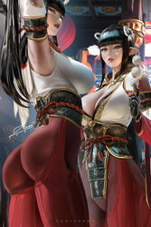 2021 2girls armband armpits ass bangs black_hair boobs_and_butt_pose breasts cleavage epaulettes female female_only food hakama headgear hinoa large_breasts long_hair looking_at_viewer looking_back looking_up minoto monster_hunter monster_hunter_rise open_mouth pointy_ears raised_arm raised_arms sad sad_face signature sisters skewer smile tall tall_woman teeth thighhighs tight_clothing twins waist_belt wyverian zumi