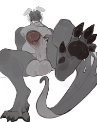 2023 balls digital_drawing_(artwork) digital_media_(artwork) erection eyebrows fangs feet flat_colors foreskin genitals glans hi_res horn humanoid_genitalia humanoid_penis lost-paw male monochrome penis raised_eyebrow scalie simple_background sitting solo tail teeth white_background