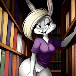 1girls 2020s 2023 ai_generated anthro blonde_hair bottomless bottomless_female breasts bugs_bunny female female_only frosting.ai furry furry_female half_naked looney_tunes purple_shirt pussy rabbit rabbit_humanoid rule_63 scalieton self_upload shirt the_looney_tunes_show vagina warner_brothers