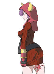 bangs breasts closed_mouth clothed clothed_female clothed_masturbation clothing commentary_request courtney_(pokemon) cowboy_shot dress dress_tug expressionless eyebrows_visible_through_hair fake_horns female from_behind gloves hood hood_up horned_hood horns long_sleeves masturbation medium_breasts partial_commentary pokemon pokemon_(game) pokemon_oras profile purple_eyes purple_hair pussy_juice red_gloves remote_control_vibrator ribbed_dress sex_toy short_dress short_hair sidelocks simple_background solo standing toubun_(alice_8) vibrator vibrator_cord vibrator_under_clothes white_background