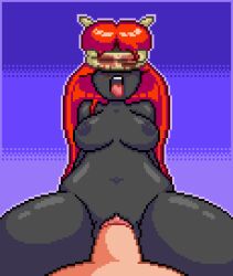 1girls alternate_version_available areolae artist_request big_penis black_body blindfold breasts demon demon_girl female horn horns lilith_(the_binding_of_isaac) long_hair medium_breasts navel nipples open_mouth penis pixel_art purple_background red_hair riding riding_penis the_binding_of_isaac tongue two-tone_background vagina vaginal_penetration vaginal_penetration year_request