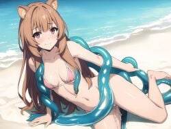 ai_generated animal_ears bikini brown_hair female kemonomimi long_hair pink_eyes raccoon_ears raccoon_tail racoon_girl raphtalia slime stable_diffusion tail tate_no_yuusha_no_nariagari the_rising_of_the_shield_hero