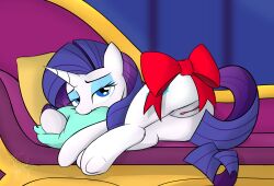 2d anonyxnugax bedroom_eyes bite bow_ribbon christmas equid equine fainting_couch female feral friendship_is_magic furniture genitals hasbro hi_res holidays horn looking_at_viewer mammal my_little_pony narrowed_eyes no_penetration pillow pillow_bite pillow_hug presenting pussy rarity_(mlp) seductive solo solo_female unicorn