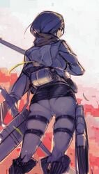 ass attack_on_titan bad_id black_eyes black_hair blonde_hair boots breasts clothing commentary_request dual_wielding emblem feet_out_of_frame female footwear from_behind holding holding_object holding_weapon jacket long_sleeves mikasa_ackerman namaniku_atk panda-niku pantylines paradis_military_uniform photoshop_(medium) scarf shingeki_no_kyojin skirt solo sword three-dimensional_maneuver_gear weapon