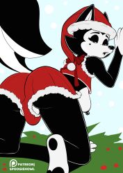 anthro ass balls bedroom_eyes bent_over big_breasts big_butt black_body black_ears black_eyebrows black_eyes black_fur black_nose black_tail bottomwear bow_(feature) breasts bulge canid canine canis christmas christmas_clothing christmas_headwear clothed clothing colored costume crop_top erect_nipples eyebrows feet full-length_portrait fur genitals gynomorph hanging_breasts hat headgear headwear hi_res holidays intersex kneeling lingerie looking_at_viewer looking_back looking_back_at_viewer loose_feather mammal markings moan mole_(marking) narrowed_eyes nipples pajamas patreon patreon_logo patreon_username peaking penis poking_out portrait raised_arm raised_leg rear_view red_clothing red_shirt red_topwear santa_costume santa_hat seductive shirt shorts simple_background skimpy slim solo spoogie_(spoogiehowl) spoogiehowl tail teeth teeth_showing topwear white_balls white_body white_fur wolf