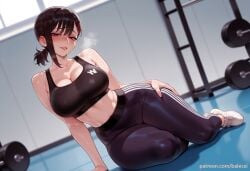 1girls ai_generated balecxi black_hair black_sports_bra blush breasts chainsaw_man cleavage exercise female gym hair_ornament higashiyama_kobeni indoors kobeni_higashiyama large_breasts looking_at_viewer midriff mole mole_under_mouth pants parted_lips patreon_username shoes short_ponytail sitting sneakers solo sports_bra sweat white_footwear yoga_pants