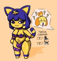 1futa animal_crossing ankha ankha_(animal_crossing) anthro big_breasts bikini body_modification breasts chubby chubby_belly chubby_female clothed clothing dickgirl female_to_futa flaccid_penis futa_only futanari futanari_transformation isabelle_(animal_crossing) jaleczu mostly_nude nipples_visible_through_clothing penis_bulge shortstack solo thick thick_thighs