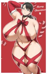 1girls areola_slip armpits batako belly_button big_breasts breasts cattleya choker christmas cleavage curvy_female curvy_figure dark_hair earrings female glasses hand_behind_head hand_on_head huge_breasts jingle_bell looking_at_viewer massive_breasts milf naked_ribbon posing posing_for_the_viewer queen's_blade ribbon smiling smiling_at_viewer solo thick_thighs wide_hips wrappings