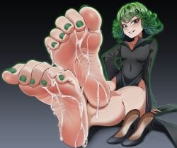 1girls barefoot cum cum_between_toes cum_on_feet feet female female_only foot_fetish foot_focus green_hair green_toenails one-punch_man soles solo tatsumaki toes tsa