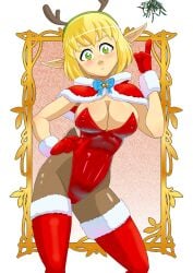 ankama athletic_female big_ass big_breasts blonde_hair christmas christmas_clothing christmas_outfit clothed_female cra evangelyne mistletoe unicornlord voluptuous_female wakfu yellow_body yellow_hair