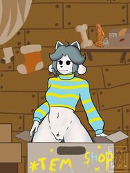 anthro bottomless breasts canid canine clothed clothing dwuuny1 felid feline female genitals hair mammal pubes tem temmie_(undertale) text topwear undertale video_games white_body