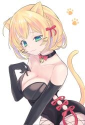 1girls alternate_breast_size animal_ears black_gloves blonde_hair blush breasts cat_bell cat_ears cat_tail cleavage clothed clothing female female_only gloves green_eyes huge_breasts light-skinned_female light_skin looking_at_viewer millie_parfait mono01120 nijisanji nijisanji_en revealing_clothes seductive skimpy_clothes solo tail virtual_youtuber