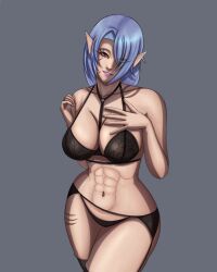 abs albino elf hair_over_one_eye kaokacique lingerie looking_at_viewer medium_breasts oc original original_character pale_skin red_eyes rosaria_alsace_(ascertabus) scar scars_all_over smile thigh_squish thighhighs