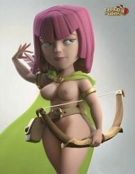 archer archer_(clash_of_clans) archer_(clash_royale) arrow_(weapon) big_breasts blue_eyes bow_(weapon) breasts clash_(series) clash_of_clans clash_royale cloak female female_only functionally_nude functionally_nude_female looking_away nude nude_female pink_hair pink_lipstick pussy solo solo_female