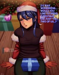 1girls alternate_costume blue_eyes blue_hair blush breasts christmas christmas_tree english_text female female_only fire_emblem fire_emblem_awakening gift gloves hair_between_eyes indoors inviting long_hair long_sleeves looking_away lorilarry lucina_(fire_emblem) nintendo open_mouth shirt sitting small_breasts solo symbol-shaped_pupils text tree