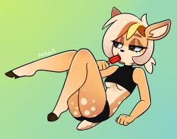 anthro black_clothing blonde_hair brown_eyes cervine clothed clothing deer female food fur hair hooves mammal mikart paige_(mikart) popsicle short_hair simple_background solo yellow_body yellow_fur