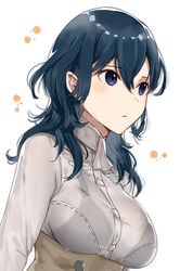 1girls absurdres alternate_costume ascot bangs blue_eyes blue_hair blush bra_through_clothes breasts byleth_(fire_emblem) byleth_(fire_emblem)_(female) closed_mouth commentary_request eyebrows_visible_through_hair female fire_emblem fire_emblem:_three_houses flower garreg_mach_monastery_uniform hair_between_eyes haru_(nakajou-28) highres long_hair long_sleeves medium_breasts medium_hair nintendo see-through see-through_shirt shiny shiny_hair shirt simple_background solo solo_female upper_body white_background white_neckwear white_shirt