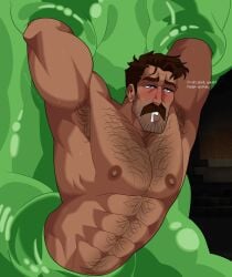 armpits aroused blush chest_hair drooling gay gay_sex happy_trail minecraft monster_sex no_visible_genitalia purple_eyes revealyoursins slime slime_(minecraft) steve_(minecraft) text