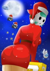 1girls 2d 2d_(artwork) ass ass_focus big_ass bullet_bill christmas cloud female green_hair humanoid item_box looking_back mario_(series) mask night_sky nintendo nobytes_(artist) outdoors santa_hat shy_gal snow solo spiny_shell stars super_mario_bros. super_star thighs wings