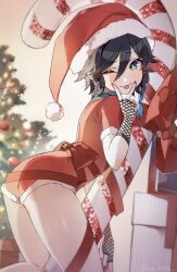 1boy androgynous arched_back ass blue_hair blush braid candy_cane christmas crossdressing femboy fishnets genshin_impact gift_wrapped girly green_eyes jumpsuit looking_at_viewer male_only onesie santa_hat solo thighs tongue tongue_out trap twin_braids v venti_(genshin_impact) wai1010 winking_at_viewer