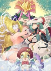 4girls blindfold blonde_hair blue_sclera ceresmon costume digimon digimon_(species) female hair_over_one_eye headdress mask mervamon olympos_xii pink_hair sasasi sirenmon teal_hair venusmon yellow_sclera