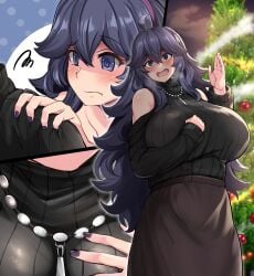 1girls blush breasts christmas embarrassed female game_freak hex_maniac hi_res huge_breasts long_hair maki_ikazuya nail_polish nintendo pokemon pokemon_xy purple_eyes purple_hair