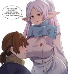 1male alternate_breast_size aroused big_breasts blush clothed comic elf elf_ears elf_female english_text frieren hinghoi imminent_sex large_breasts light-skinned_female princesshinghoi sein_(sousou_no_frieren) shocked slim_waist sousou_no_frieren talking_to_partner temptation visible_breath wide_hips