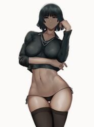 1girls abs arm_under_breasts arm_up belly belly_button big_thighs black_panties black_shirt black_thighhighs blue_eyes breasts breasts_apart clavicle clothed clothing cropped_legs dark_hair expressionless eyebrows eyebrows_visible_through_hair female female_focus female_only fubuki_(one-punch_man) hair high_resolution highres jewelry legs long_sleeves looking_away mature mature_female navel necklace necklace_between_breasts one-punch_man one_arm_up panties shirt short_hair simple_background solo solo_female solo_focus thick_thighs thighhighs thighs tight_clothes tight_clothing underwear very_high_resolution white_background wide_hips zaki_btw