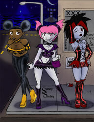 2010 3girls argent_(dc) big_breasts black_hair bumblebee_(dc) cartoon_network corset dark-skinned_female dark_skin earrings female female_only goth_girl high_heels jinx_(dc) karen_beecher leather looking_at_viewer minishorts multiple_girls pale-skinned_female pale_skin pink_eyes pink_hair prostitution purse red_hair skirt slashysmiley small_breasts superheroine teen_titans whale_tail white_skin winking