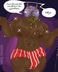 addicted_demon bara big_balls big_chest big_penis black_skin christmas fantasy gay merry_christmas muscles oc purple_eyes purple_hair self_upload