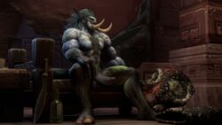 bed green_hair large_penis male sitting sitting_on_bed troll troll_male warcraft world_of_warcraft zalaashi