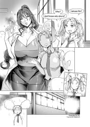 2girls breasts cleavage comic crowd curly_hair fei_(maidoll) greyscale hair_intakes highres huge_breasts long_hair miniskirt monochrome multiple_girls necktie pencil_skirt ponytail school_uniform skirt taimanin_(series) tank_top teacher uehara_rin