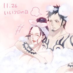 1boy 1girls ^_^ artist_request bath black_hair blush body_piercing breasts closed_eyes couple earrings facial_hair female female_focus goatee hug jewelry large_breasts long_hair male mixed-sex_bathing nico_robin nude one_piece pink_background post-timeskip shared_bathing short_hair simple_background smile straight tattoo trafalgar_law washing