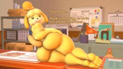 3_toes 3d_(artwork) accurate_art_style animal_crossing anthro anus ass ass_focus barefoot bedroom_eyes big_breasts big_butt breasts canid canine canis curvy_figure daemont92 dat_ass desk dialogue digital_media_(artwork) dog domestic_dog feet female first_person_view furniture furry hi_res isabelle_(animal_crossing) looking_at_viewer lying mammal narrowed_eyes nintendo nude office on_side paws presenting seductive shih_tzu solo source_filmmaker thick_thighs toy_dog video_games voluptuous wide_hips