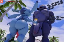 2boys alien anthro ass beach camseven dialogue disney english_text gantu gay imminent_sex lilo_and_stitch looking_at_another male male/male male_only muscular nude outside pecs penis size_difference smaller_male standing stitch_(lilo_and_stitch) text