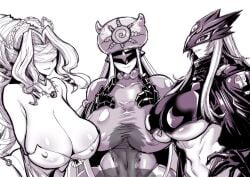 1boy 2023 3girls abs beelstarmon bellestarmon belt blindfold breasts cleavage digimon digimon_(creature) digimon_(species) digimon_ghost_game female gggg highres huge_breasts human jellyfish jellyfish_girl jellyfish_humanoid large_breasts long_hair male marine marine_humanoid mask monochrome monster_girl multiple_girls no_bra olympos_xii revealing_clothes sagging_breasts shadow slit_pupils tentacle_hair tentacles thetismon third_eye underboob venusmon