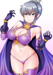 >:) bikini blue_cape blue_eyes blue_gloves breasts cameltoe cape cleavage cleavage_cutout clothing_cutout commentary_request earrings elbow_gloves female gloves jewelry karinaga_raizan large_breasts looking_at_viewer navel original purple_bikini purple_gloves purple_thighhighs revealing_clothes silver_hair skindentation smile solo stomach stud_earrings swimsuit thighhighs v-shaped_eyebrows