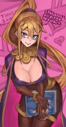 1girls 2023 alternate_costume blonde_hair blue_eyes breasts cosplay crossover ear_piercing female female_only fire_emblem fire_emblem_awakening large_breasts long_hair looking_at_viewer metroid nintendo ponytail saiykik samus_aran solo text tharja_(fire_emblem) tharja_(fire_emblem)_(cosplay) thighs yellow_hair