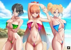 3girls beach between_labia bikini black_hair blonde_hair blossom_(powerpuff_girls) blue_clothing blue_eyes bubbles_(powerpuff_girls) buttercup_(powerpuff_girls) female female_only green_clothing green_eyes micro_bikini orange_hair powerpuff_girls pussy_wedgie red_clothing red_eyes sister sisters swimsuit teng_zhai_zi