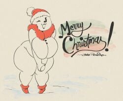 :3 adorable artist_name big_breasts black_lipstick buttons christmas christmas_headwear cute digital_drawing_(artwork) digital_media_(artwork) exclamation_point eye_closed eyelashes fat_ass fur hands_together hat holding_hands joaoppereiraus knees_together_feet_apart merry_christmas open_mouth pac-man_eyes pacman_eyes perfect_body pie_cut_eyes red_scarf santa_hat scarf shoes shoulders_raised snow snowman snowwoman standing standing_in_snow text toony watermark wide_hips wink winking_at_viewer