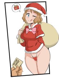 1boy 1girls blonde_hair blue_eyes breasts female game_freak imminent_sex light-skinned_female light_skin male male_pov nintendo pokemon pokemon_xy pov reach025 santa_costume santa_hat serena_(pokemon) short_hair