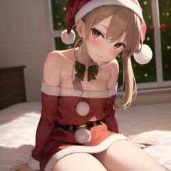 ai_generated bedroom blonde_hair female nemus_waifu_generator santa_hat santa_outfit solo