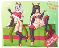 2girls :p alluring alternate_costume ass bangs bare_midriff bare_thighs big_ass black_hair black_nails boots bra braid breasts bridal_gauntlets brown_eyes cape christmas cosplay female female_only fire_emblem fire_emblem_awakening fire_emblem_heroes grey_hair high_heels large_breasts licking_lips looking_at_viewer looking_back midriff mistletoe multiple_girls nahusmash nails naughty_face nintendo official_alternate_costume panties red_panties robin_(fire_emblem) robin_(fire_emblem)_(female) sitting smile spread_legs tharja_(fire_emblem) tharja_(fire_emblem)_(cosplay) tharja_(winter)_(fire_emblem) thick_thighs thighhighs thighs tongue tongue_out twintails underwear