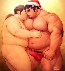 2boys ass bara big_belly blush body_fur briefs bulge christmas clothed_male_nude_male couple erection erection_under_clothes face-to-face fat feet_out_of_frame foreplay gay hat highres imminent_kiss interracial large_pectorals long_sideburns male male_focus male_only male_pubic_hair male_underwear male_underwear_pull mature_male multiple_boys muscular muscular_male nude od_(odn_ya_2) pectorals penis penis_peek plump protagonist_(tokyo_afterschool_summoners) protagonist_5_(tokyo_afterschool_summoners) pubic_hair red_headwear santa_hat short_hair sideburns tetsuox thick_eyebrows thighs tokyo_afterschool_summoners underwear undressing yaoi