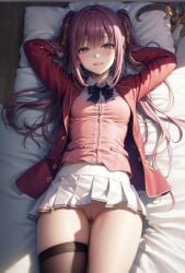 1female ai_generated amasawa_ichika arms_behind_head blush bow classroom_of_the_elite exposed_pussy female laying_on_back lying_on_bed no_panties one_legging pink_hair pink_shirt red_blazer smiling_at_viewer solo_female solo_focus unbuttoned_jacket white_skirt yellow_eyes youkoso_jitsuryoku_shijou_shugi_no_kyoushitsu_e